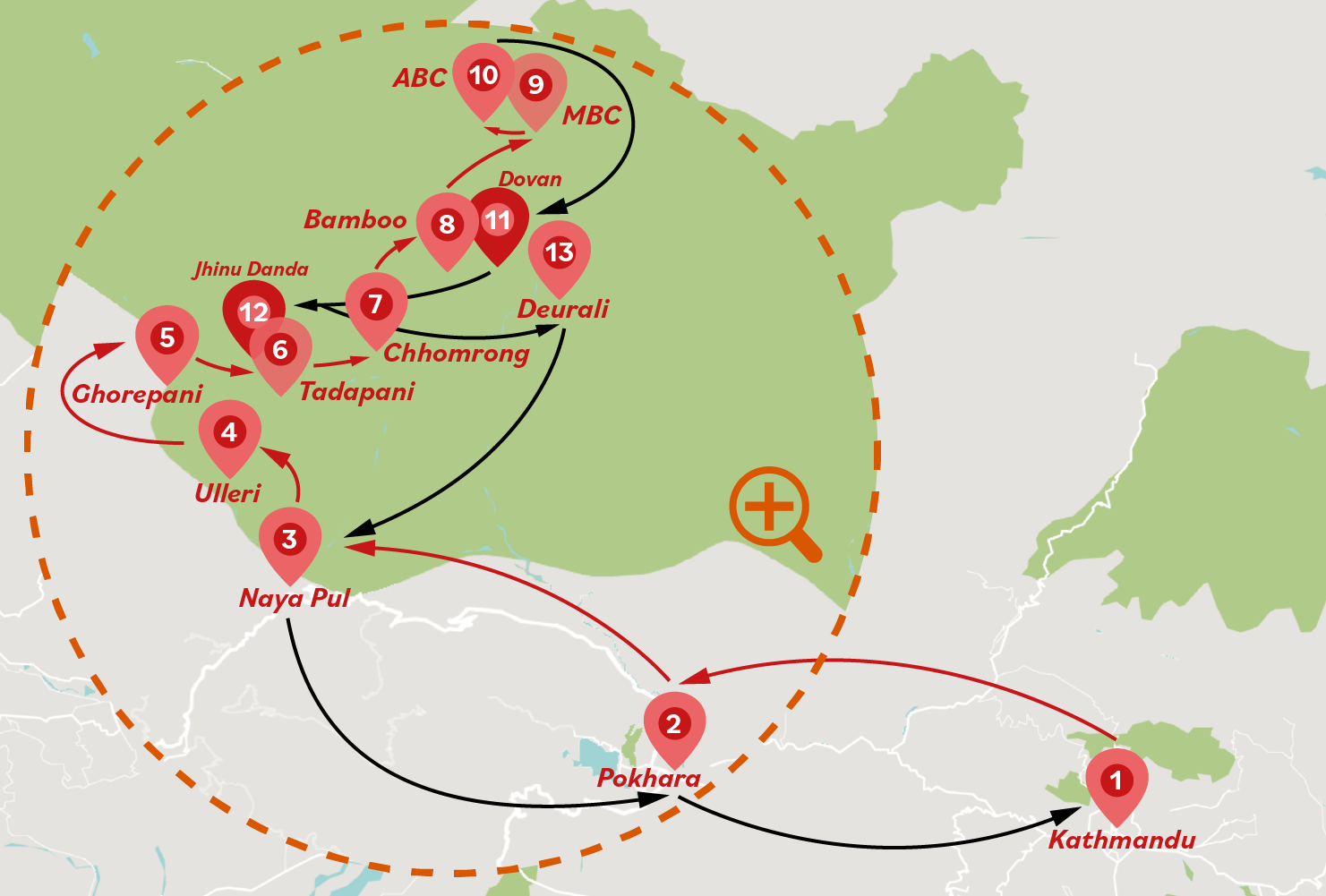 13 Days Nepal Annapurna Base Camp Trek Tour Map