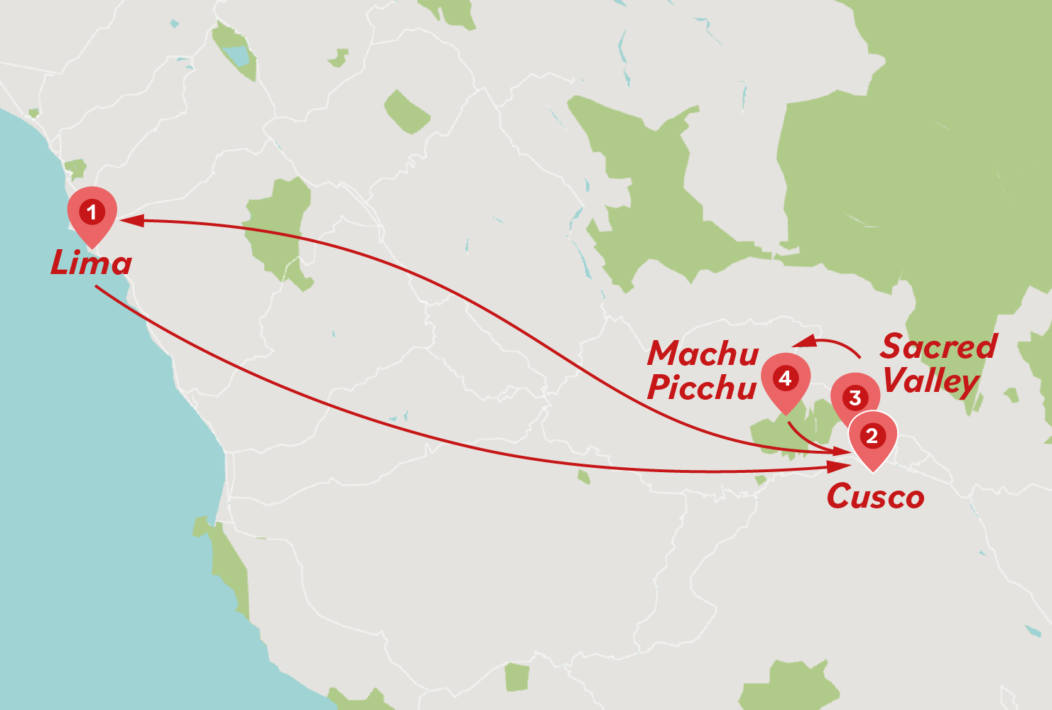 6 Days Lima & Cusco With Overnight in Scared Valley Tour Map